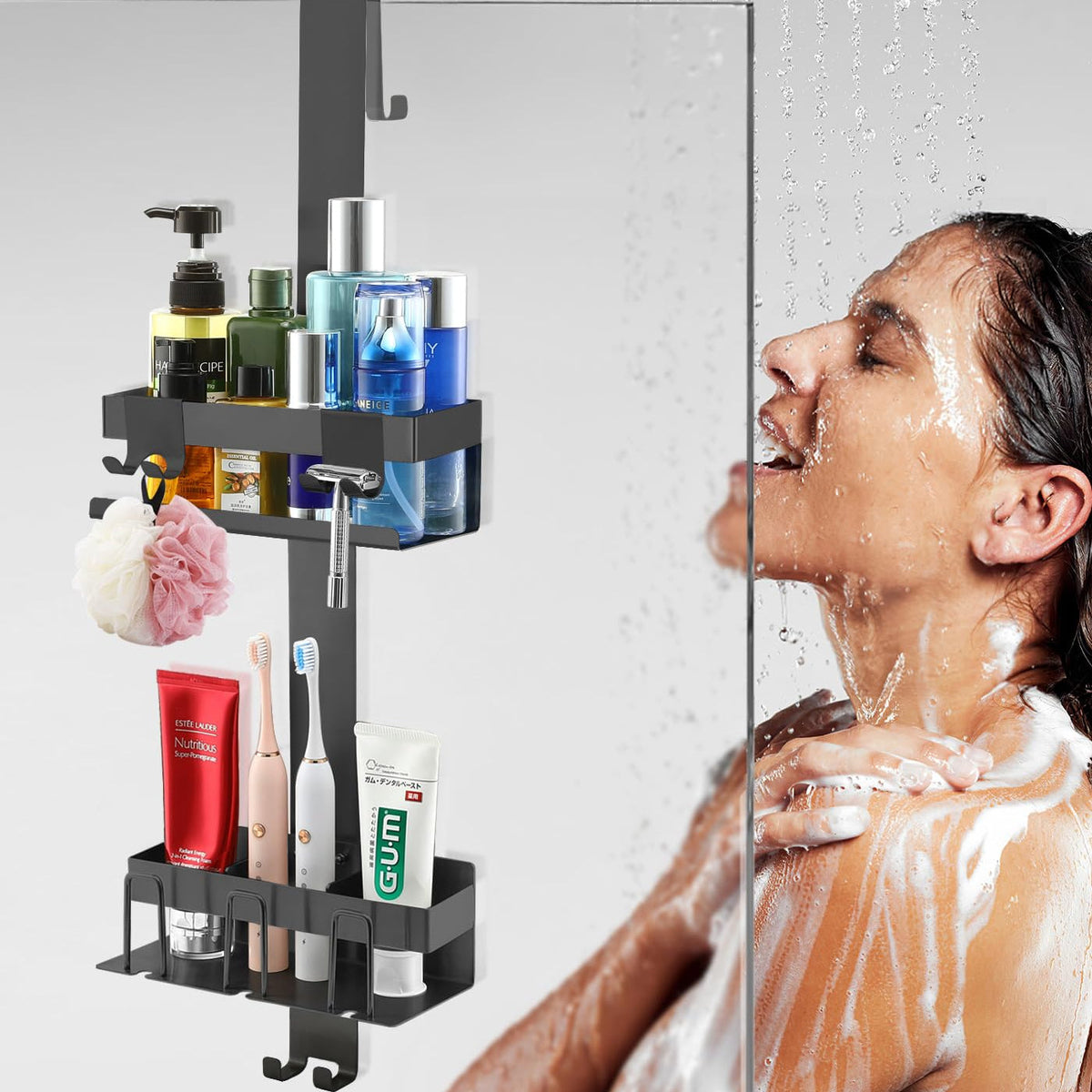 No Drill Stainless Steel Bathroom Shelf with Hooks for Shower Storage and Bathroom Organization