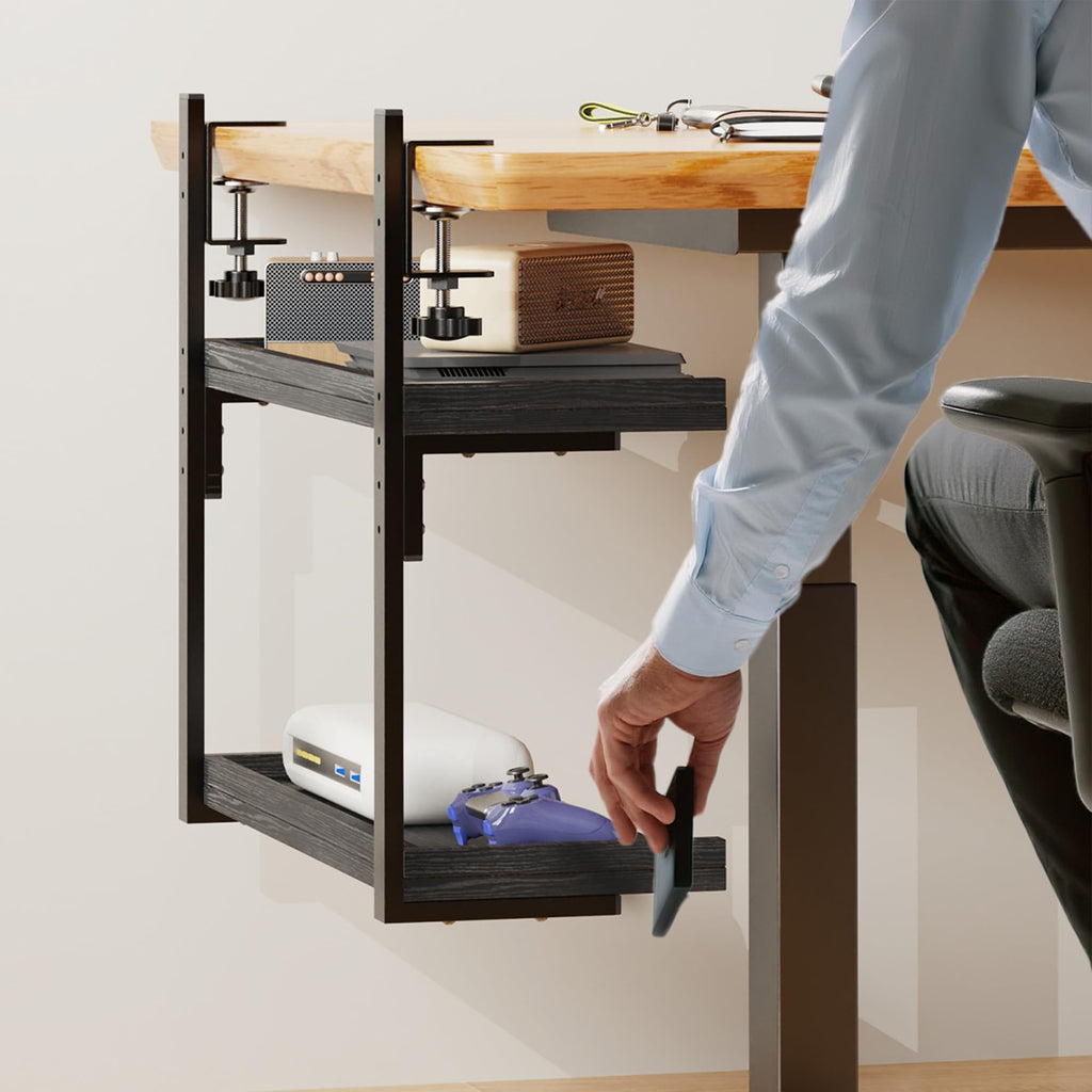 Clamp Desk Shelf with Two Tier Wood Shelving for Office Desk and Gaming Accessory Storage