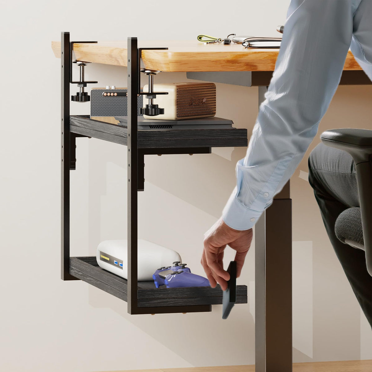 Clamp Desk Shelf with Two Tier Wood Shelving for Office Desk and Gaming Accessory Storage