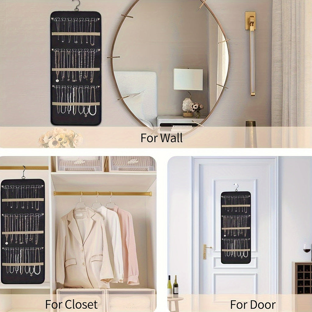 Double Sided Hanging Jewelry Organizer Roll with Metal Hooks for Earrings Necklaces Rings Storage