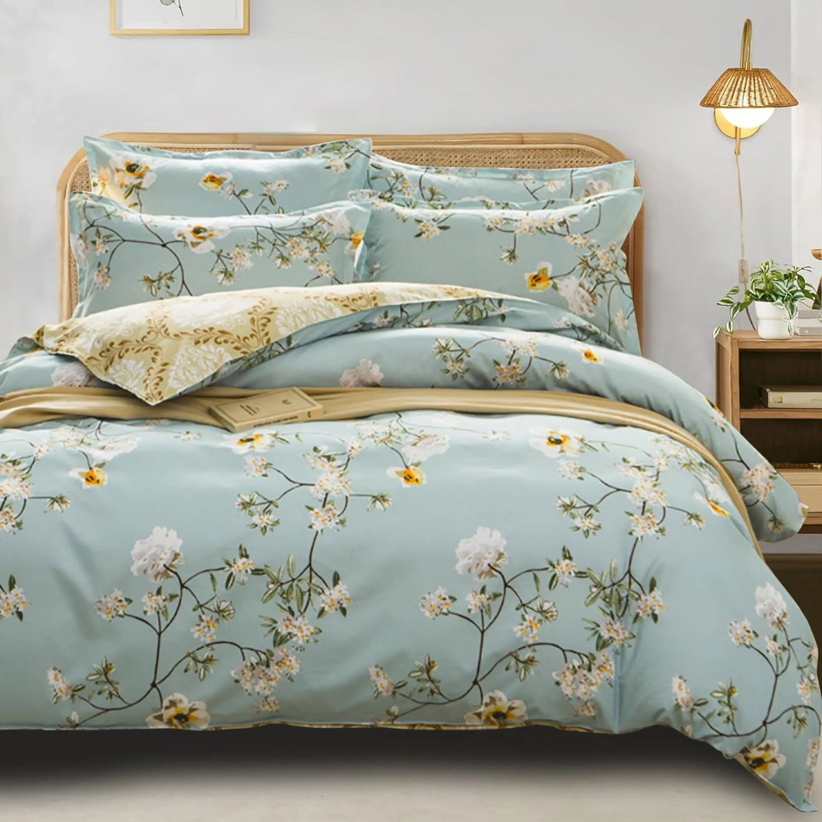 Botanical Floral Cotton Duvet Cover with Reversible Design for King Bedding