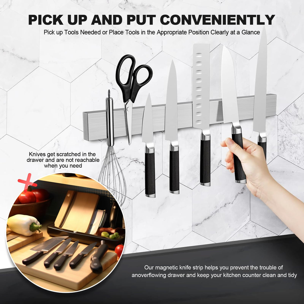 Magnetic Knife Holder with 304 Stainless Steel Strip and Hooks for Wall-Mounted Kitchen Storage