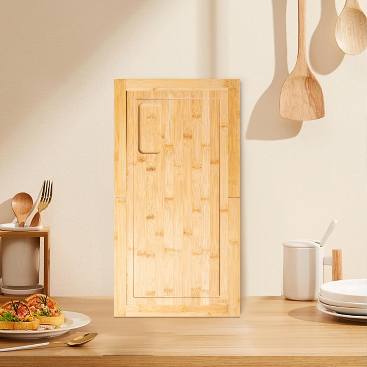 Expandable Bamboo Cutting Board with Juice Groove for Over-Sink Food Preparation and Extra Counter Space