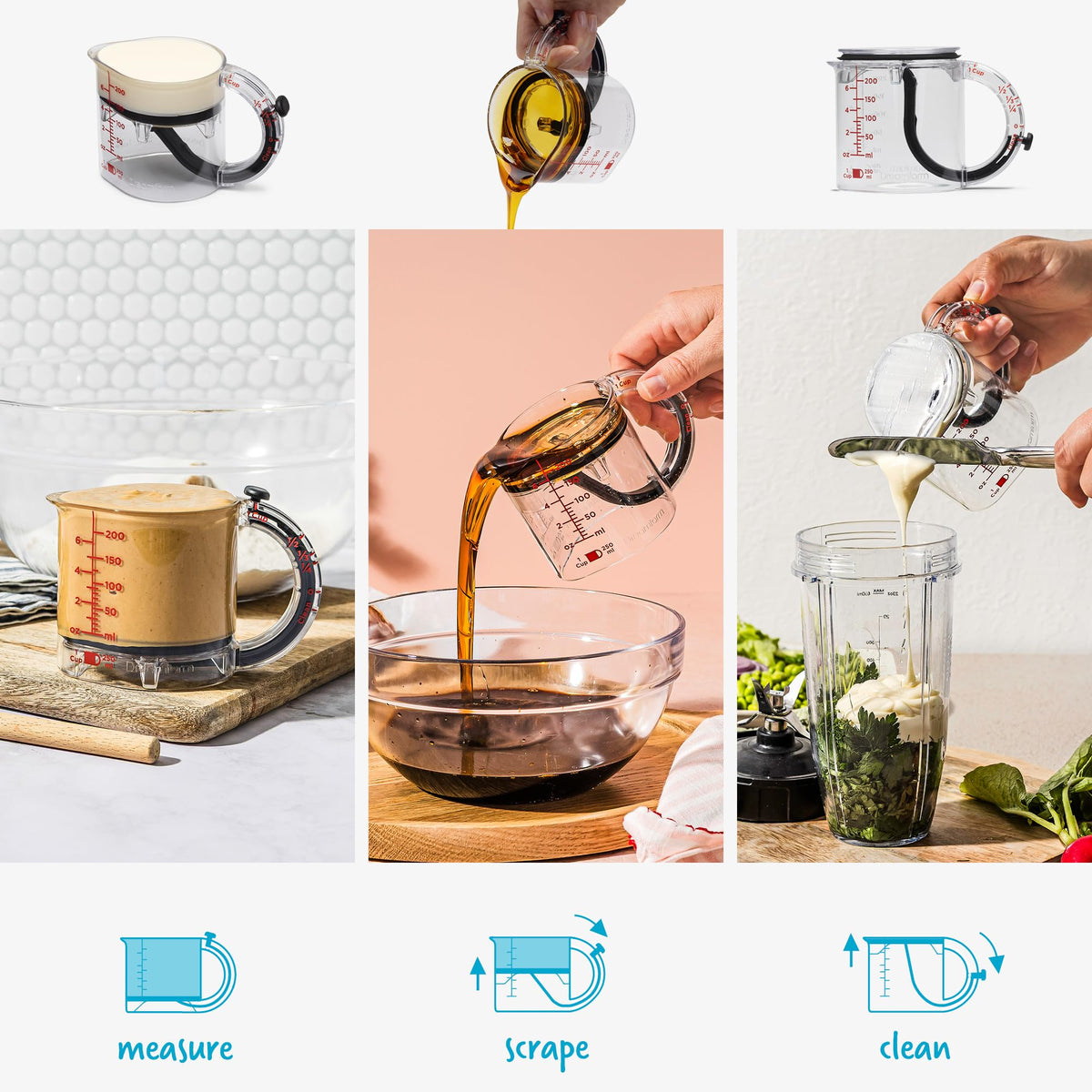 Adjustable Measuring Cup with Scraper Seal Base for Cooking and Baking Measurements