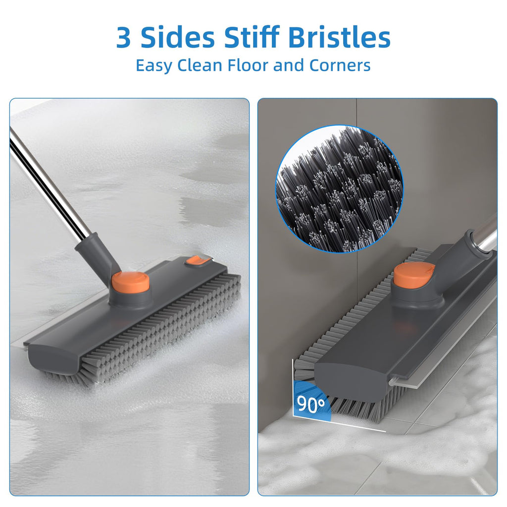 Long Handled Floor Scrub Brush with Squeegee Design for Bathroom Tile and Floor Cleaning