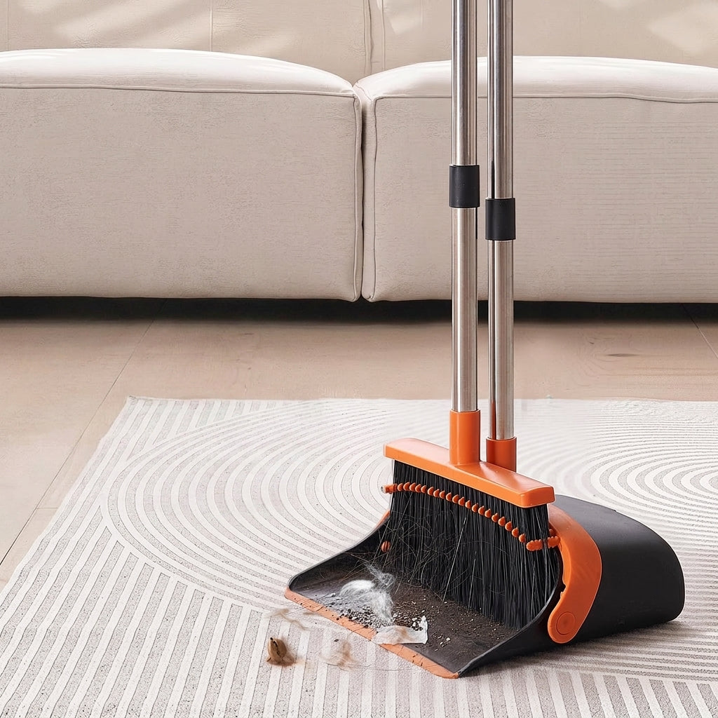 Broom and Dustpan Set with Self-Cleaning Teeth and Adjustable Handles for Indoor and Outdoor Sweeping