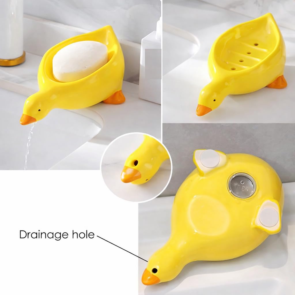 White Duck-Shaped Draining Soap Holder Made of Plastic, Non-Slip Design for Kitchen and Bathroom Countertops