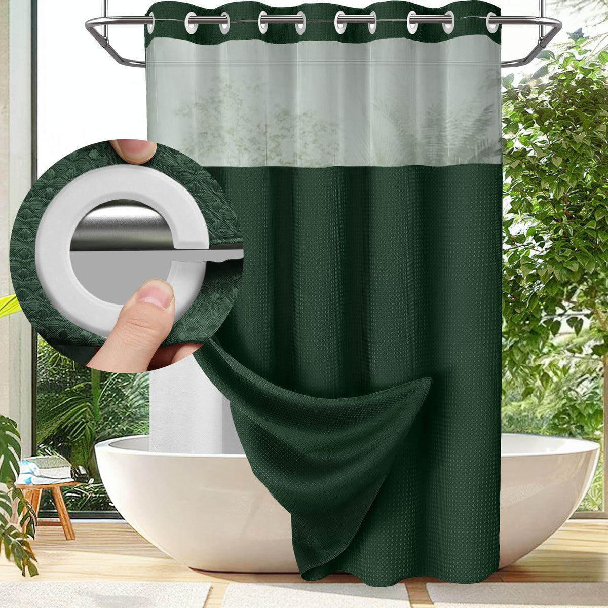 No Hook Shower Curtain with Snap In Liner and Waffle Weave Design for Bathroom Use