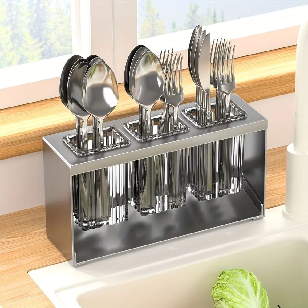 Countertop Utensil Drainer with Multi-Slot Chopstick Cage Design for Kitchen Sink Storage