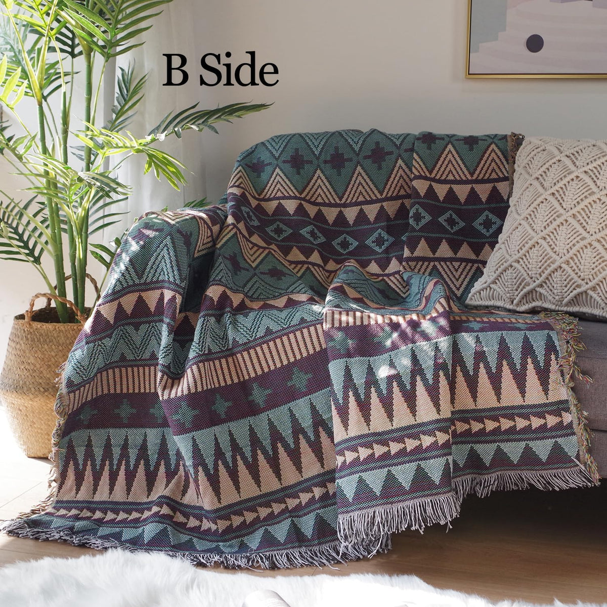 Boho Decorative Throw with Geometric Woven Design for Sofa and Home Decor