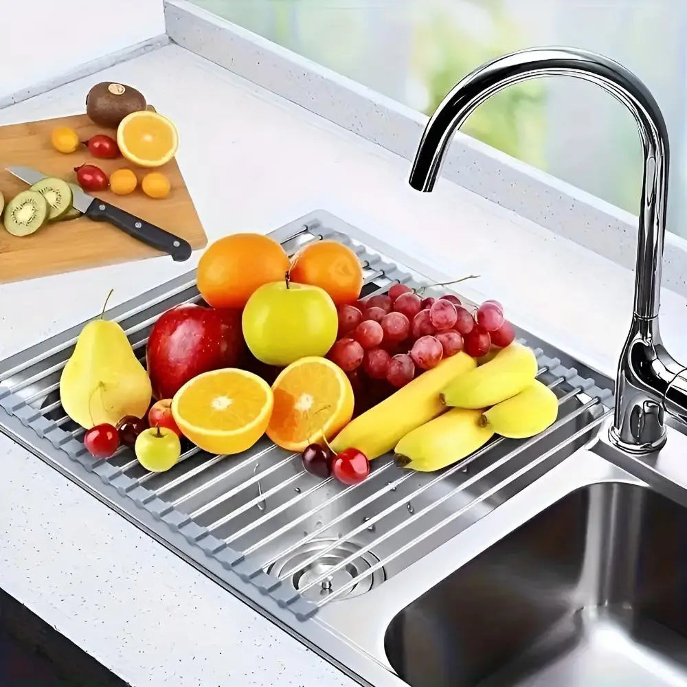 Over The Sink Roll Up Dish Drying Rack Stainless Steel Foldable Drainer 18x9 Inch