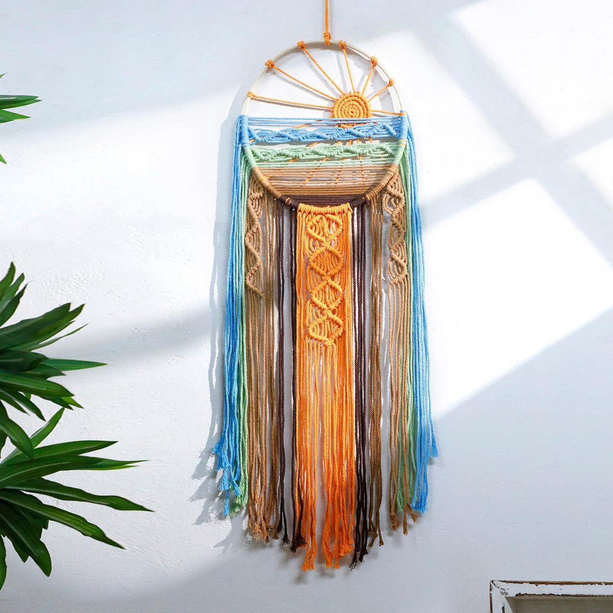 Boho Macrame Sunrise Wall Hanging Cotton Dream Catcher Style Tapestry for Bedroom Living Room Decor