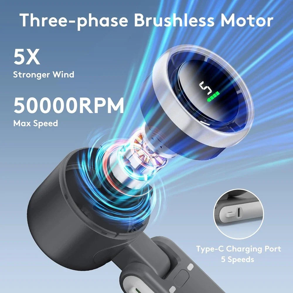 Portable Handheld Turbo Fan with 5 Speed Settings and Foldable Design for Travel and Outdoor Use