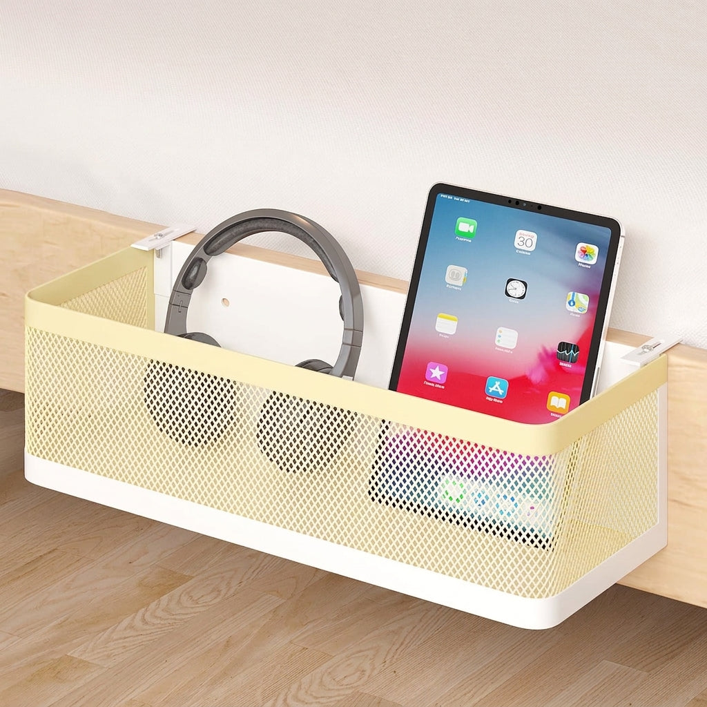 Metal Bedside Hanging Basket Organizer with Hooks for Dorm Rooms, Bunk Beds, and Small Space Storage