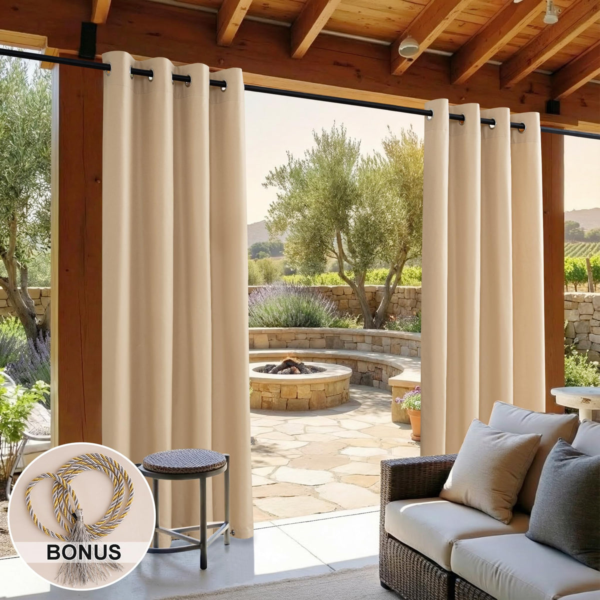 Outdoor Privacy Curtain with Waterproof Fabric and Rust-Resistant Grommets for Patios and Gazebos