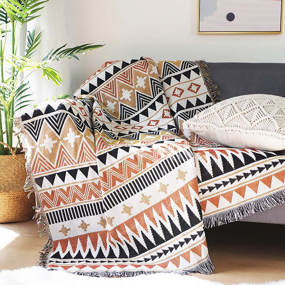 Boho Decorative Throw with Geometric Woven Design for Sofa and Home Decor