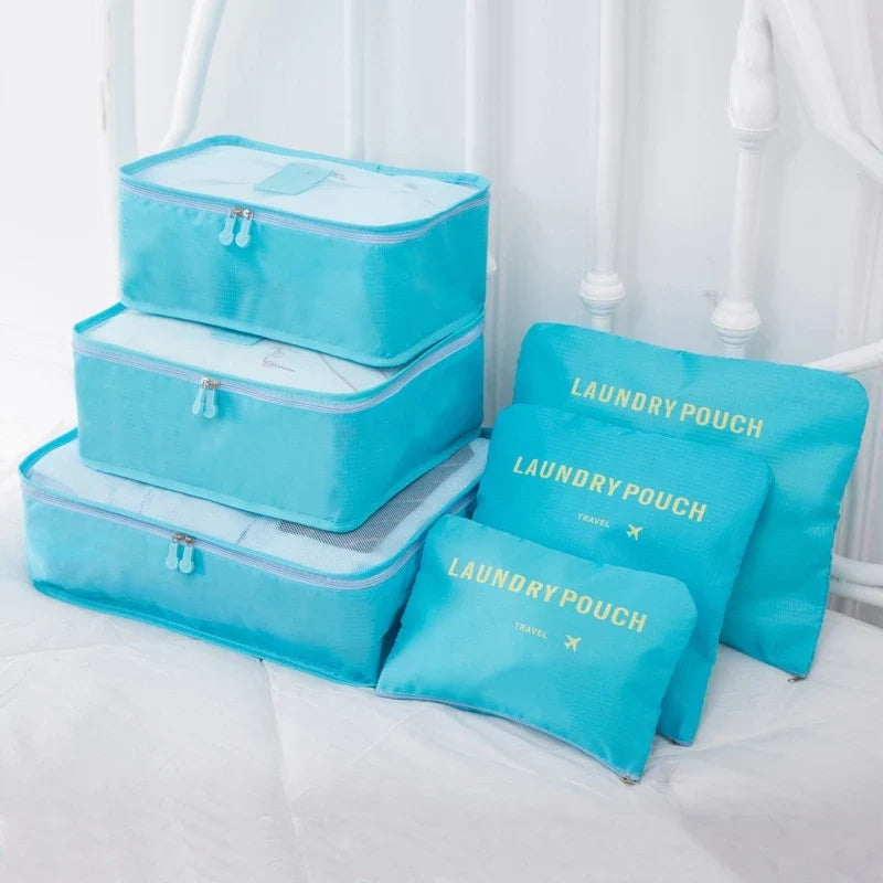 Six-Piece Travel Packing Cubes Set with Mesh Panels for Luggage and Suitcase Organization