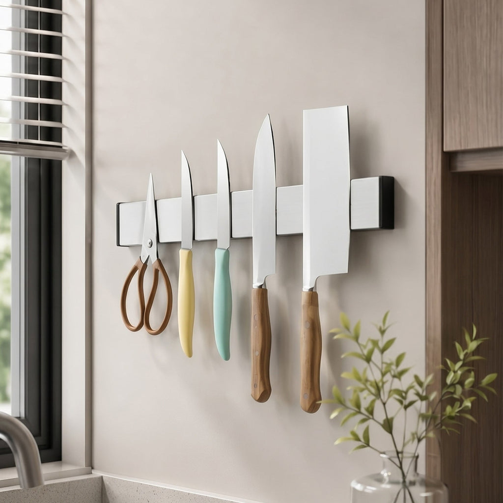 Magnetic Knife Holder with 304 Stainless Steel Strip and Hooks for Wall-Mounted Kitchen Storage