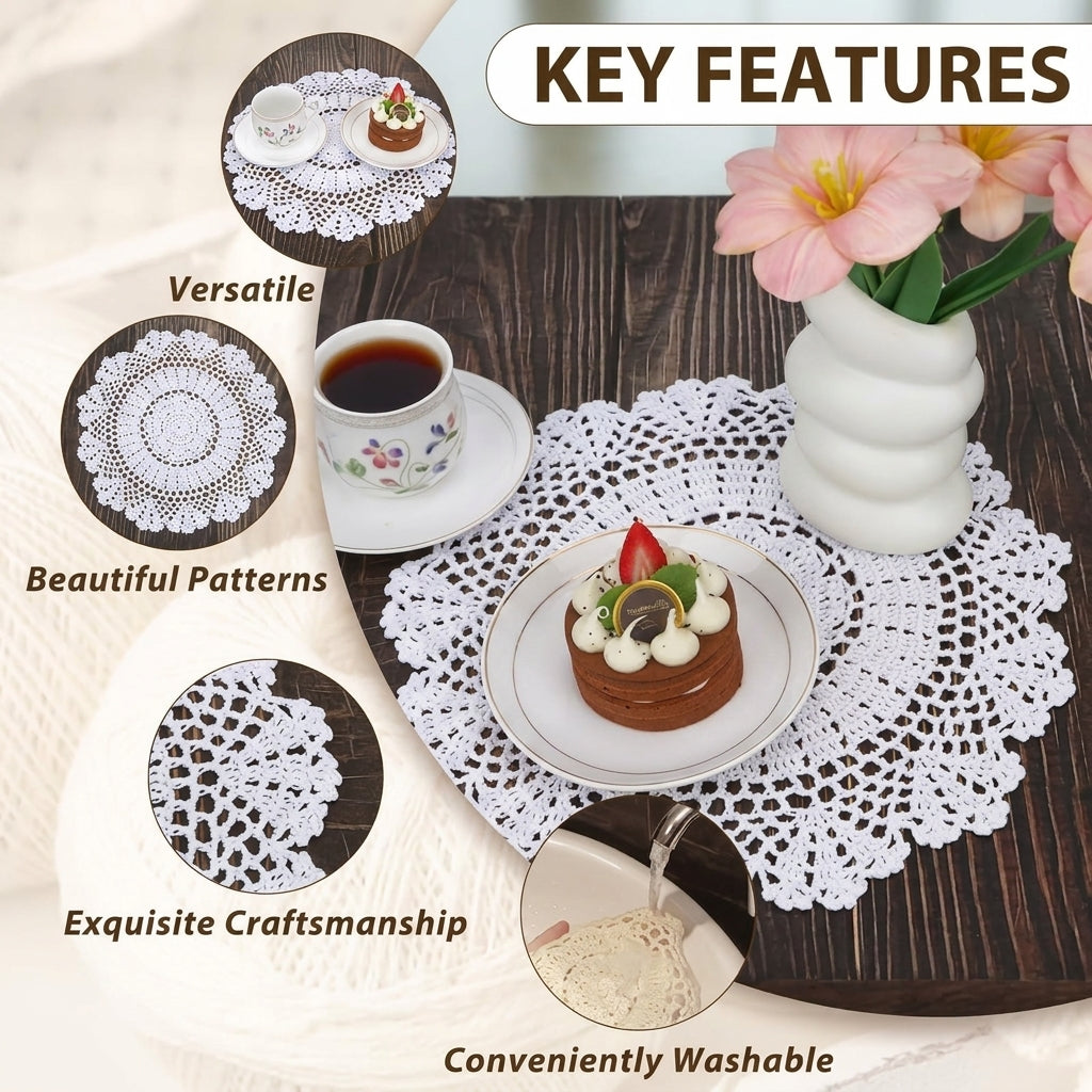 Round Crochet Lace Doily with Handmade Cotton Design for Table Settings, Mantel Décor and Wedding Displays