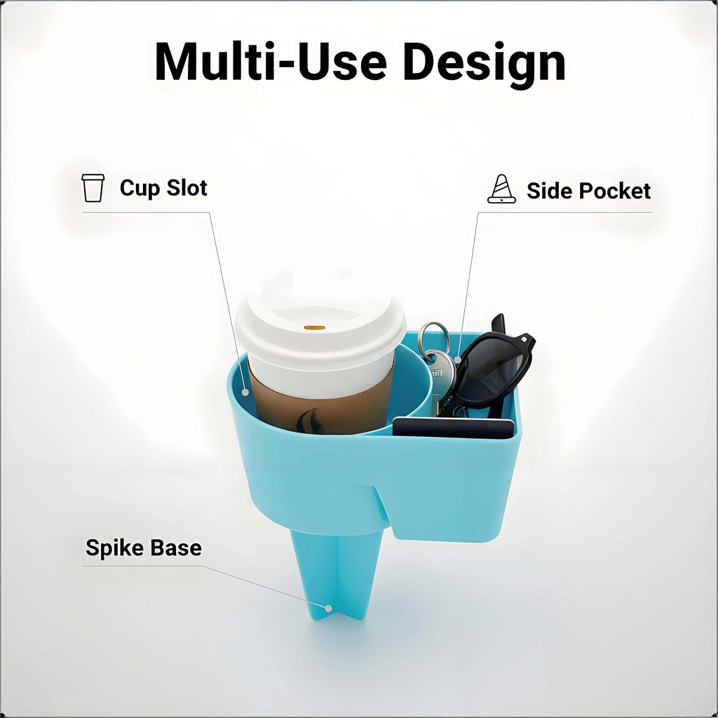 Beach Cup Holder with Ground Stake and Storage Tray Design for Drinks Phones Snacks and Outdoor Use