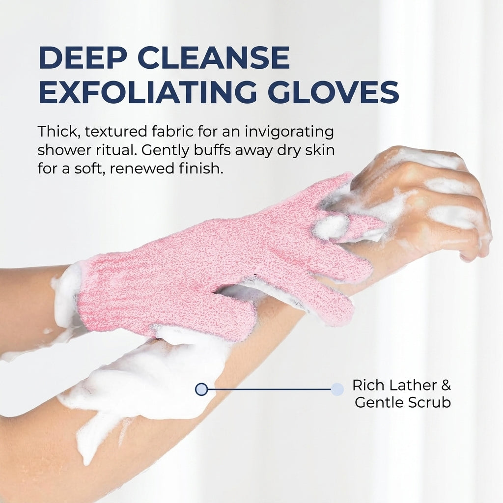A Pair of Five Finger Exfoliating Bath Gloves with Textured Nylon Scrubber for Gentle Body Cleansing and Everyday Shower Use