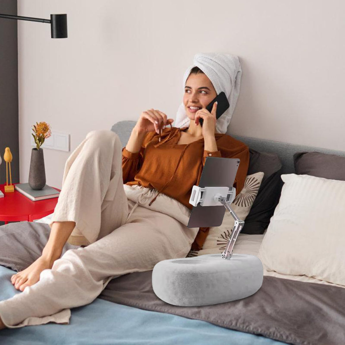 Tablet Pillow Stand with Adjustable Holder and Dual Removable Trays for Reading and Media Use