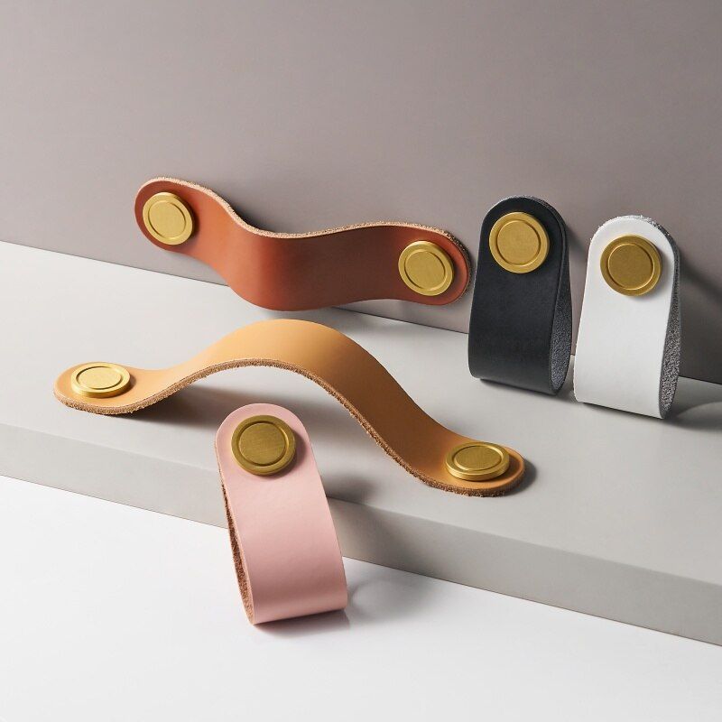 Faux Leather Drawer Pulls with Copper Head Hardware for Cabinets, Dressers, and Closets