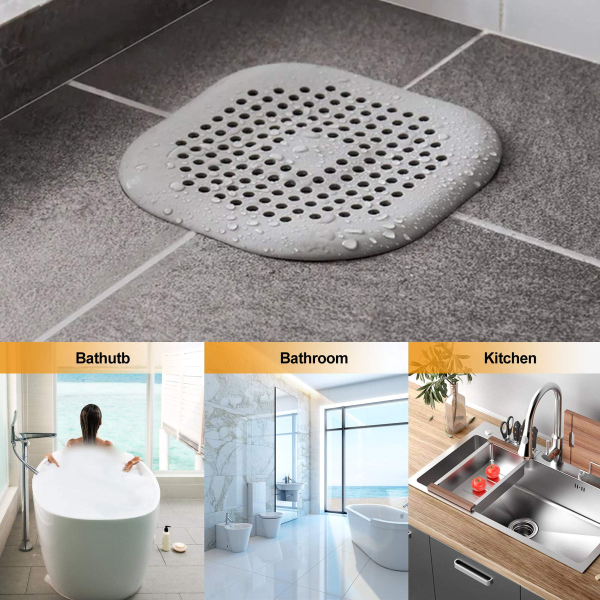 Square Silicone Hair Drain Catcher with Suction Cups for Shower, Sink, and Bathtub Use
