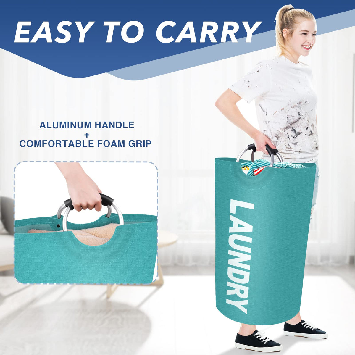 Collapsible Laundry Hamper Basket with Waterproof Fabric Design and Padded Carry Handles