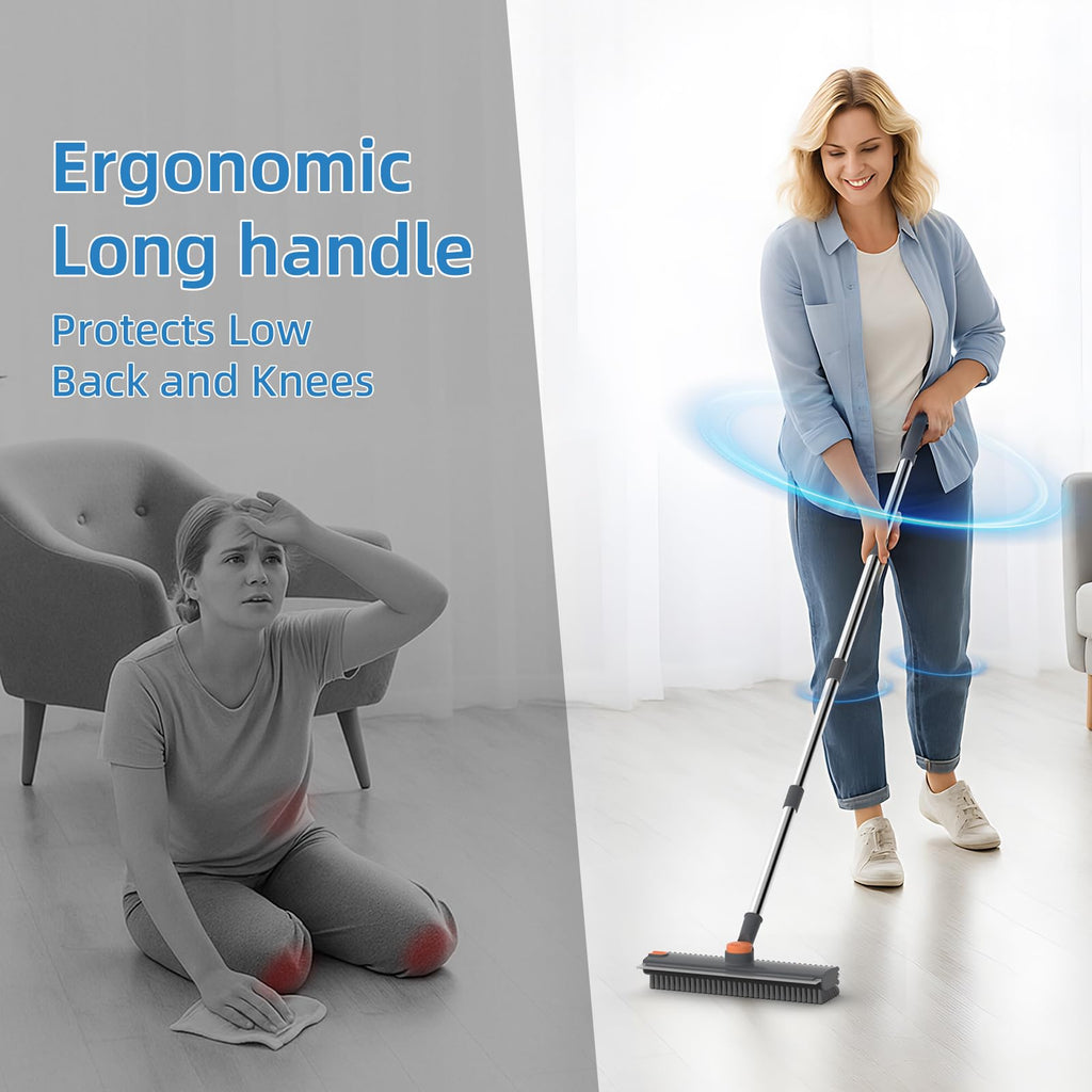Long Handled Floor Scrub Brush with Squeegee Design for Bathroom Tile and Floor Cleaning