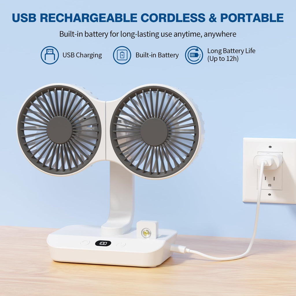 Double Head Rechargeable Table Fan with 4 Speed Settings, 8000mAh Battery and Digital Display for Home and Office