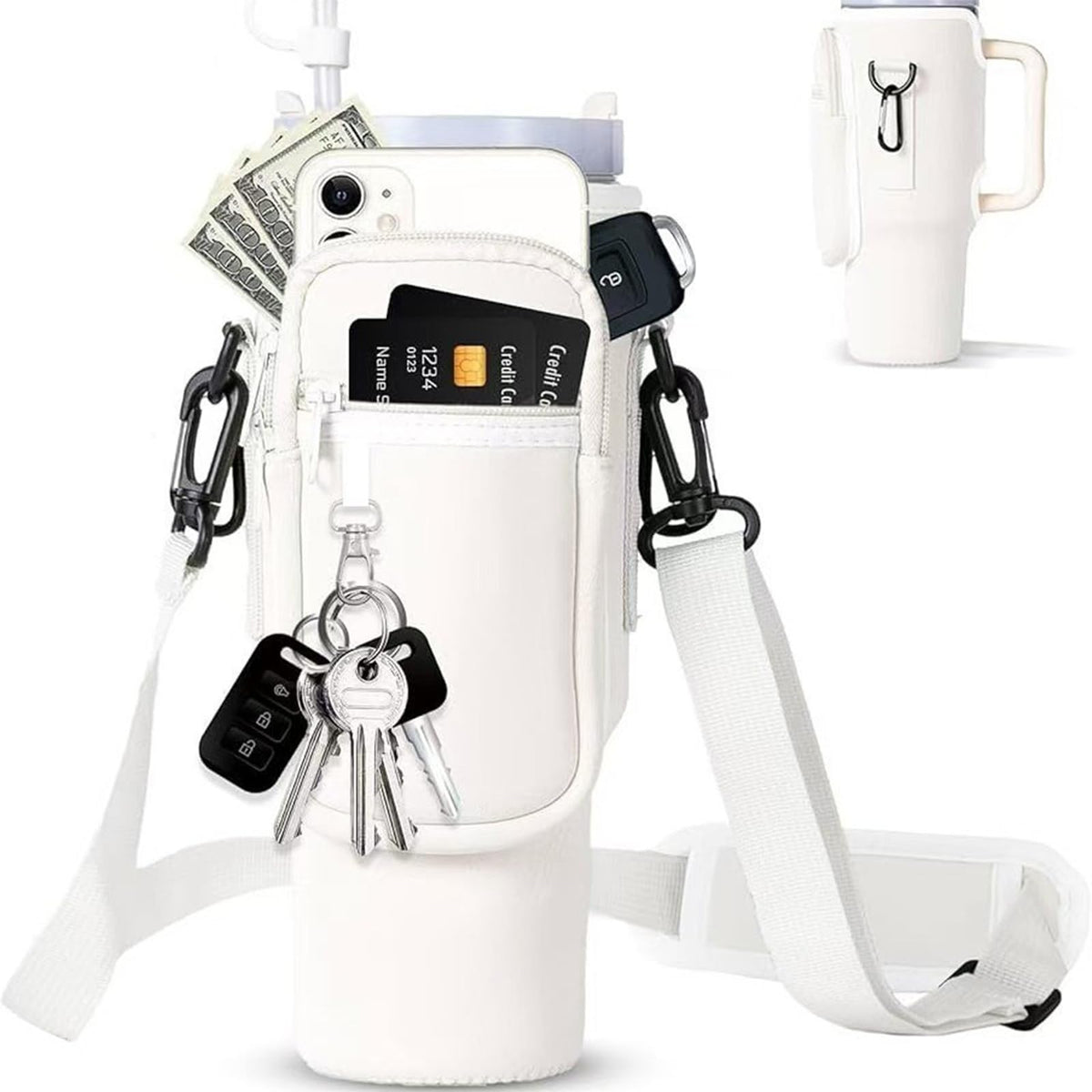 Water Bottle Carrier Bag with Adjustable Strap and Phone Pocket for 40oz Handled Tumblers