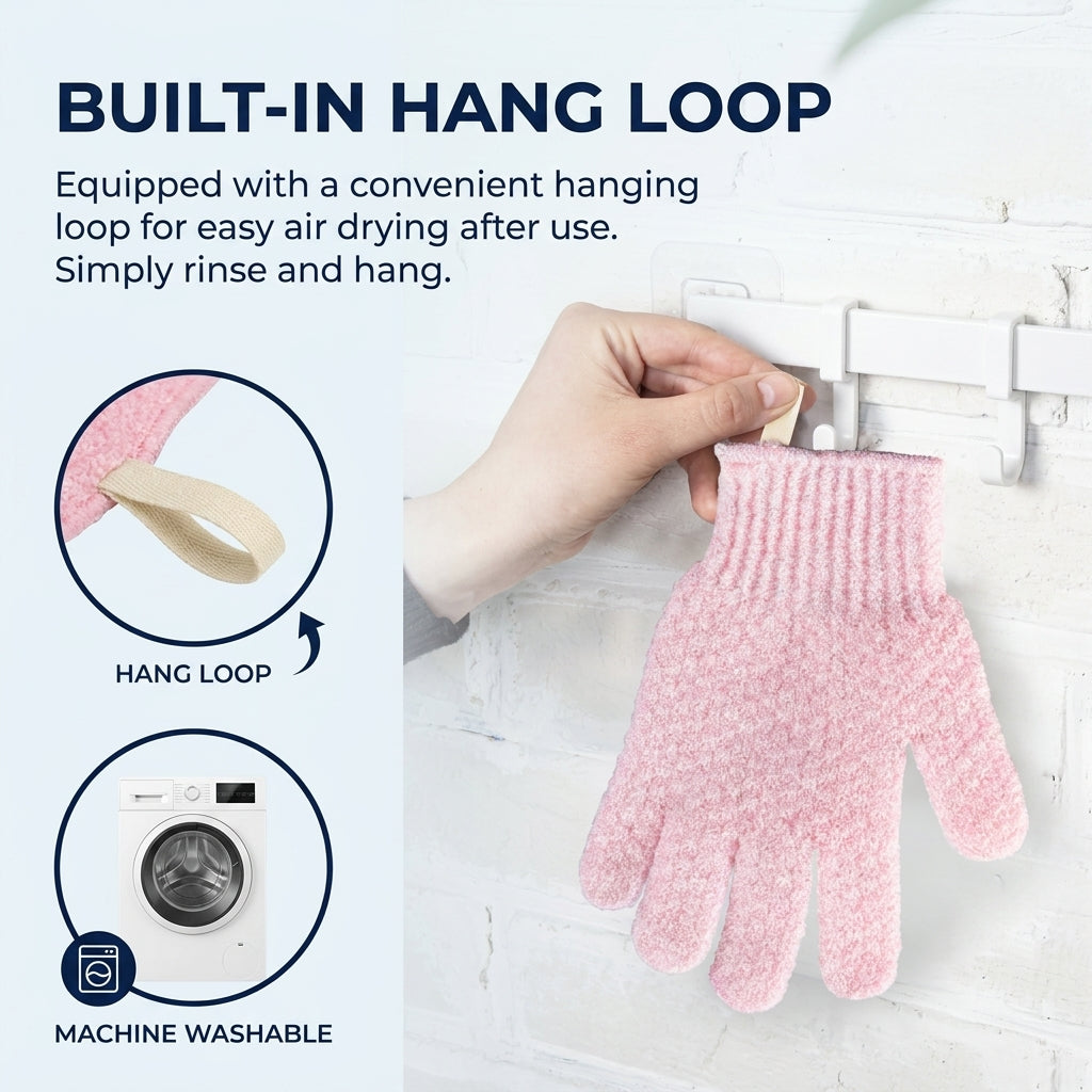 A Pair of Five Finger Exfoliating Bath Gloves with Textured Nylon Scrubber for Gentle Body Cleansing and Everyday Shower Use