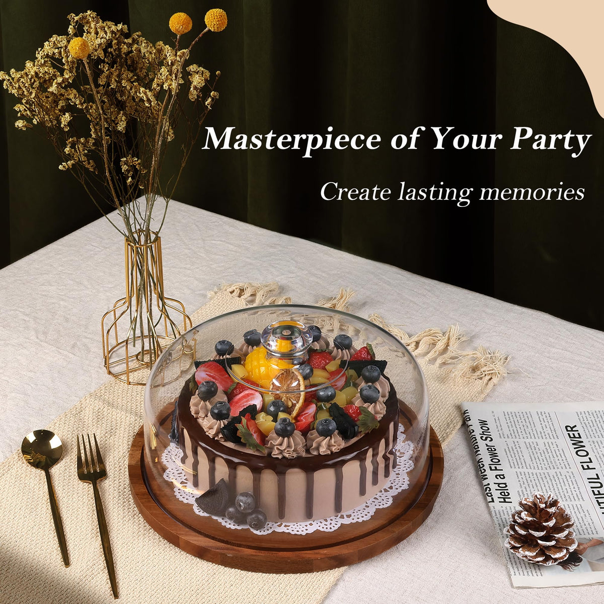 12-Inch Rotary Wooden Cake Stand with Dome Top Cover for Wedding Cupcakes and Dessert Displays (13×13×8"/32×32×20cm)