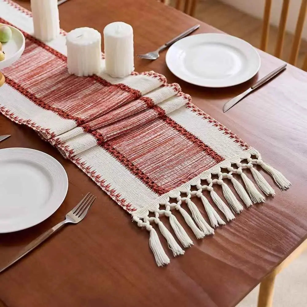 Brown Boho Macrame Table Runner with Tassels Farmhouse Dining Decor