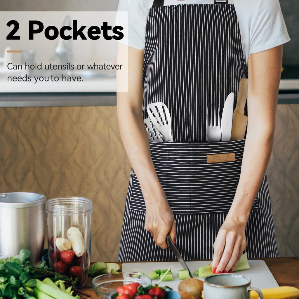 2 Pcs Striped Kitchen Cooking Apron Adjustable Neck Bib Apron with Two Pockets for Chef Baking Restaurant Work
