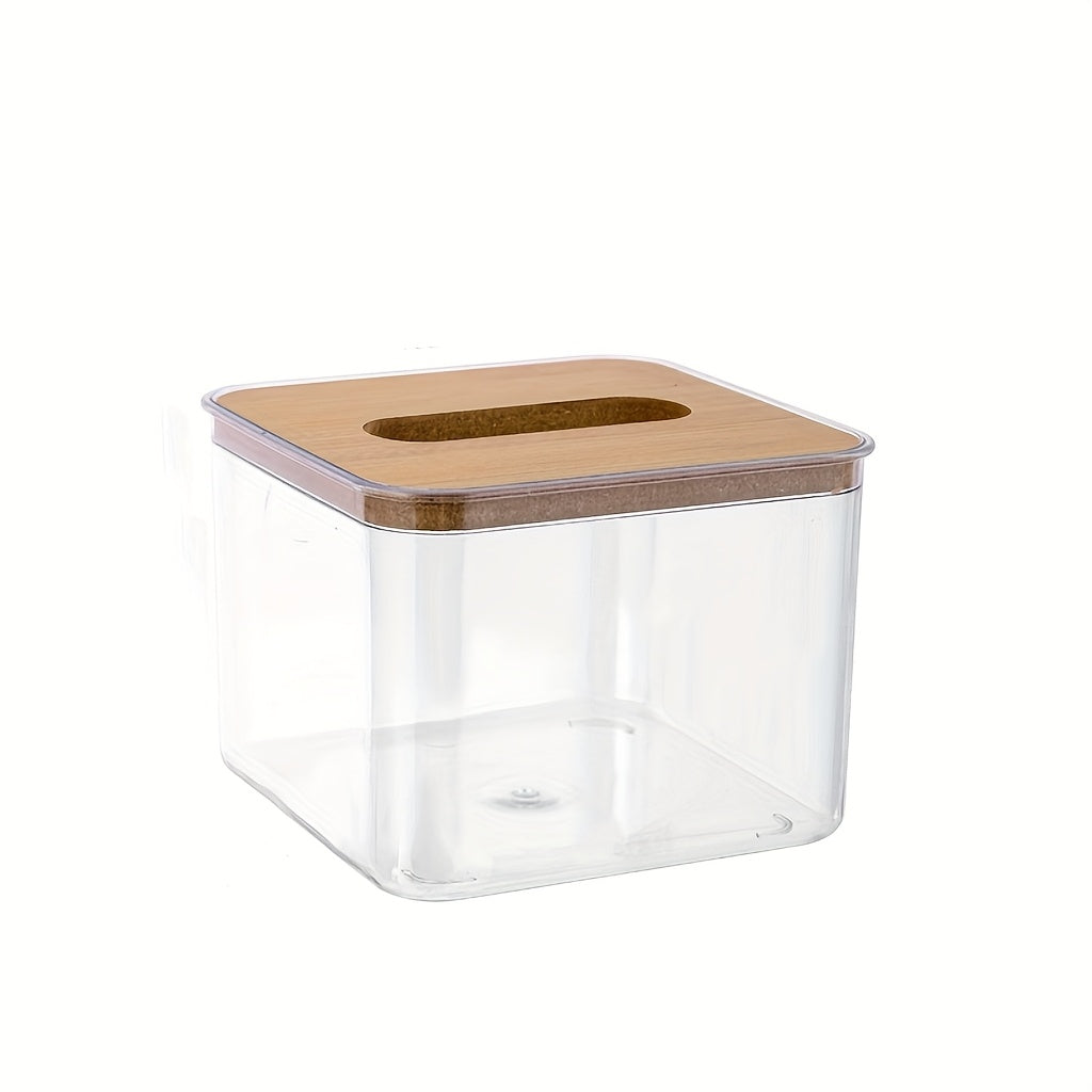Transparent Tissue Box Holder with Bamboo Lid for Living Room, Bedroom, Office, and Bathroom Storage