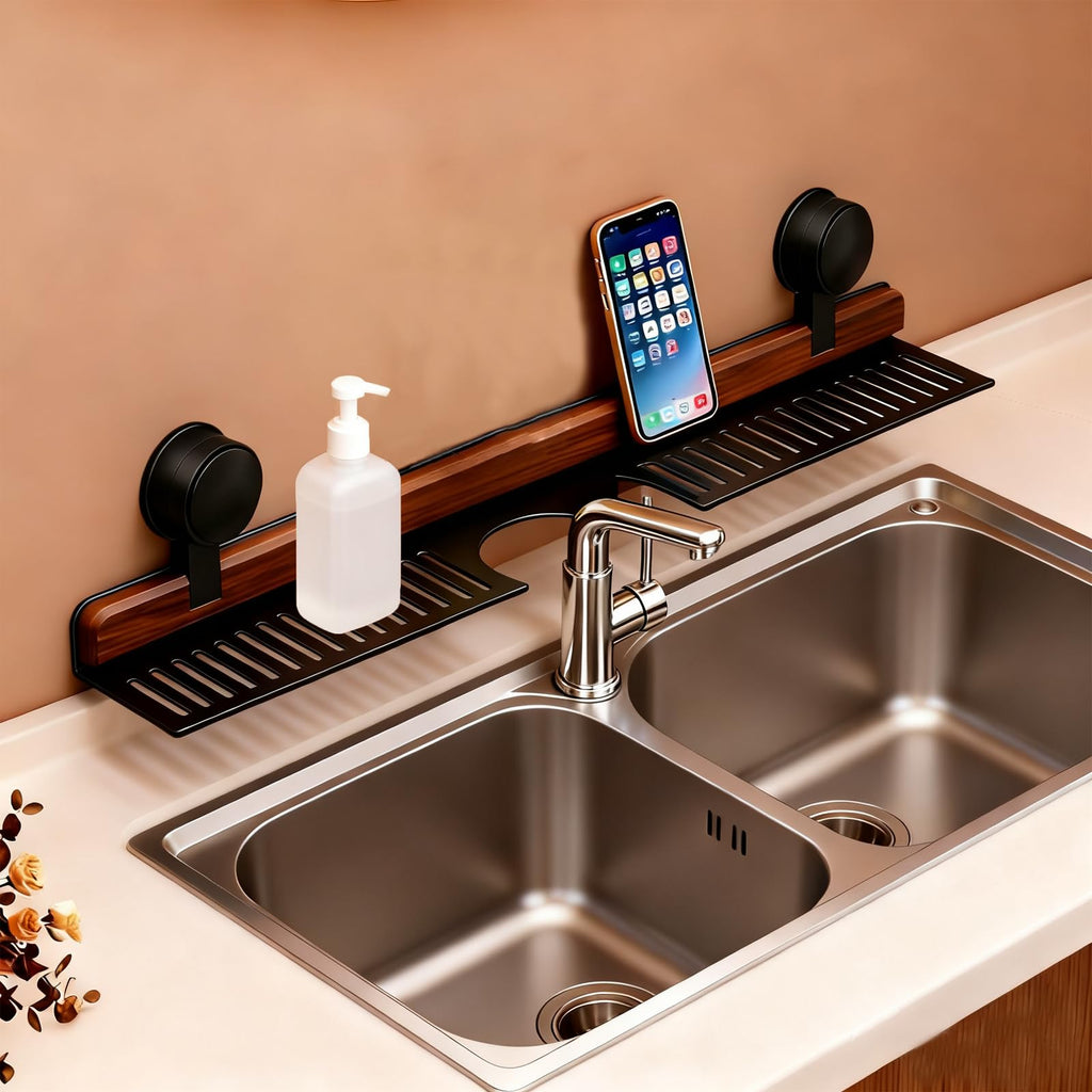 Suction Bathroom Shelf with Walnut Accent and No Drill Design for Sink and Wall Storage
