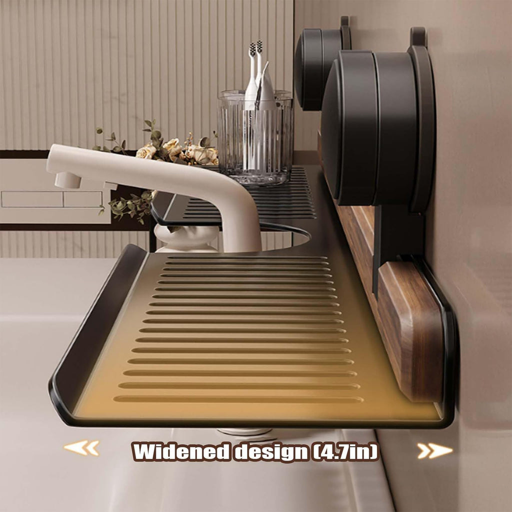 Suction Bathroom Shelf with Walnut Accent and No Drill Design for Sink and Wall Storage