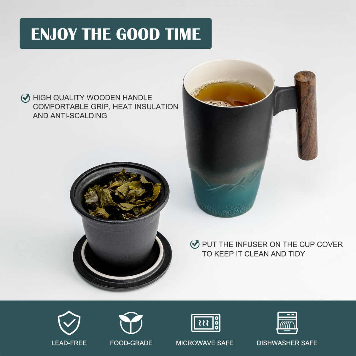 Ceramic Mug with Cover and Wooden Handle for Tea, Coffee, or Hot Beverages in Home and Office Use