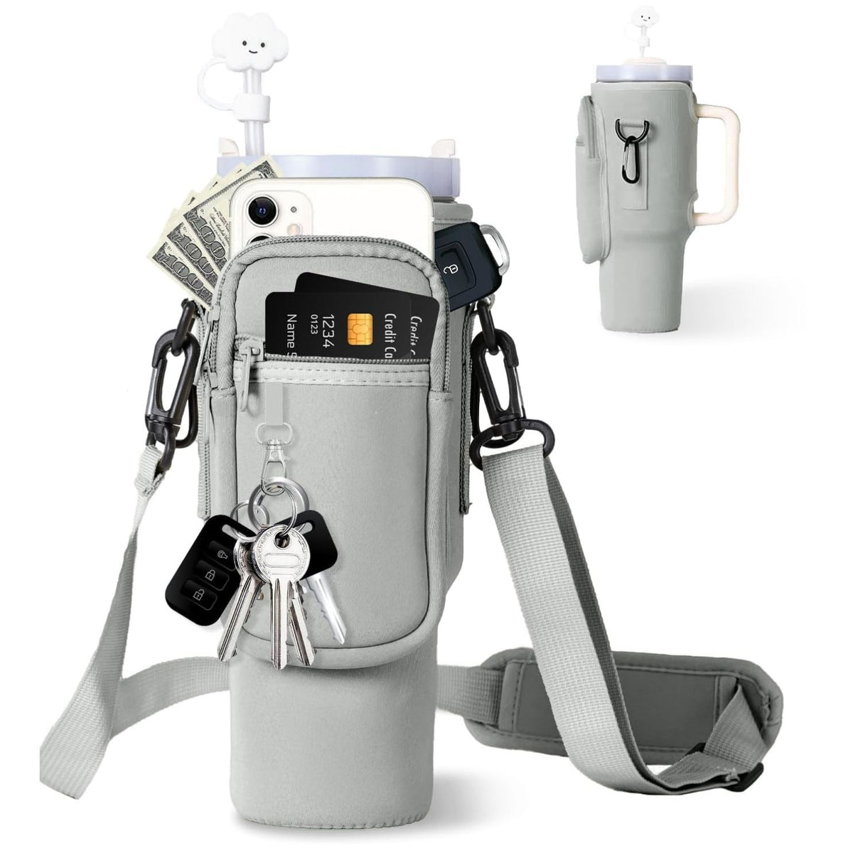 Water Bottle Carrier Bag with Adjustable Strap and Phone Pocket for 40oz Handled Tumblers