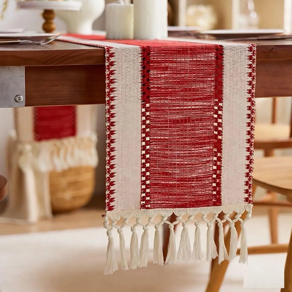 Brown Boho Macrame Table Runner with Tassels Farmhouse Dining Decor