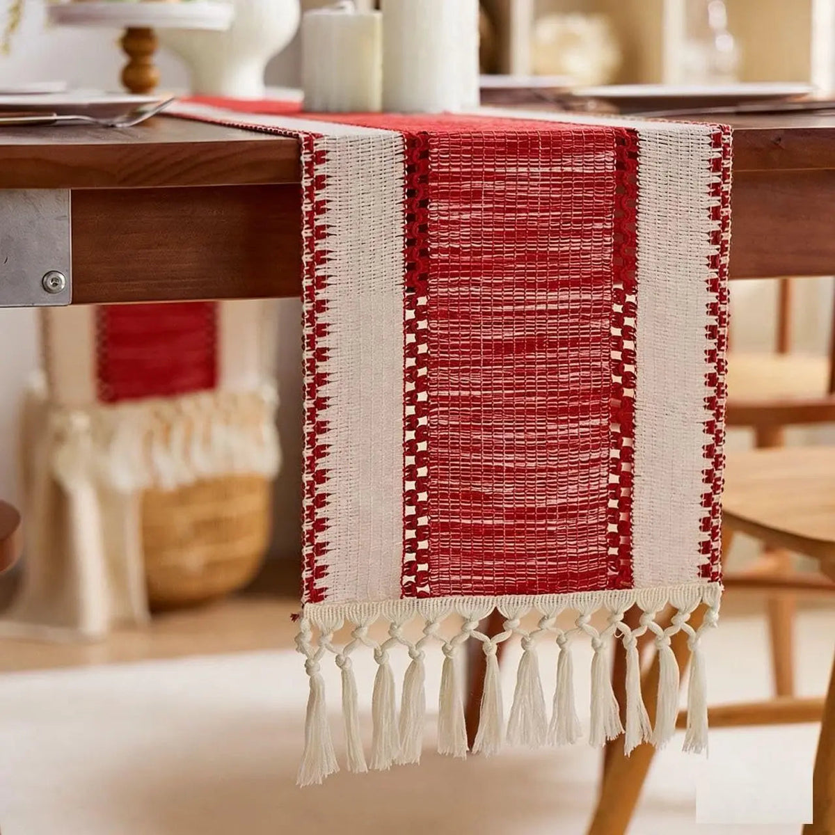 Brown Boho Macrame Table Runner with Tassels Farmhouse Dining Decor