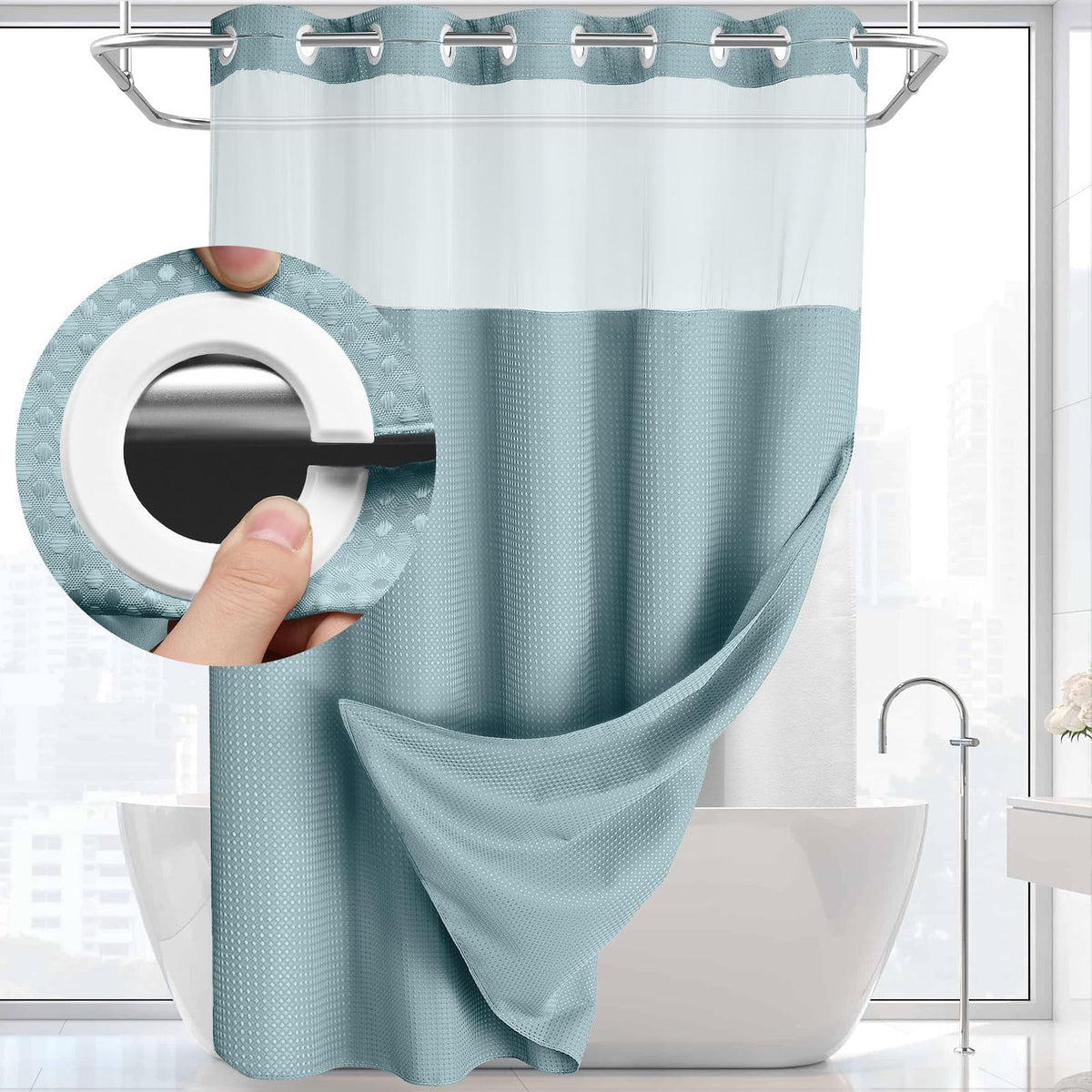 No Hook Shower Curtain with Snap In Liner and Waffle Weave Design for Bathroom Use