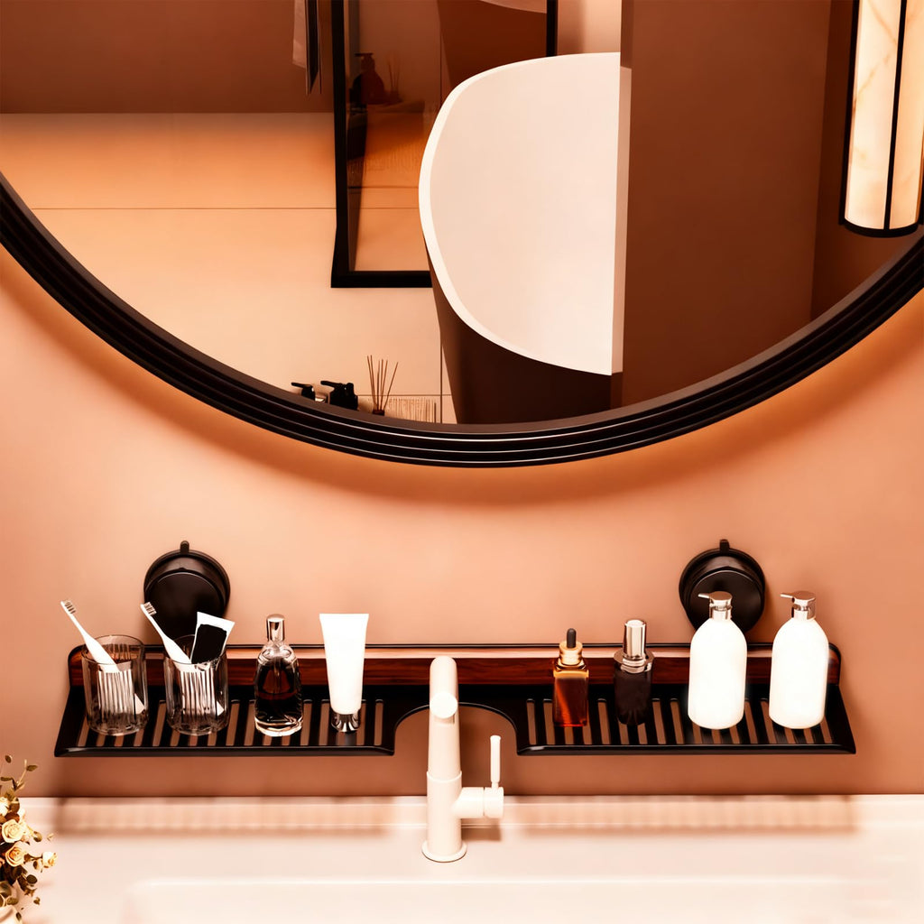 Suction Bathroom Shelf with Walnut Accent and No Drill Design for Sink and Wall Storage