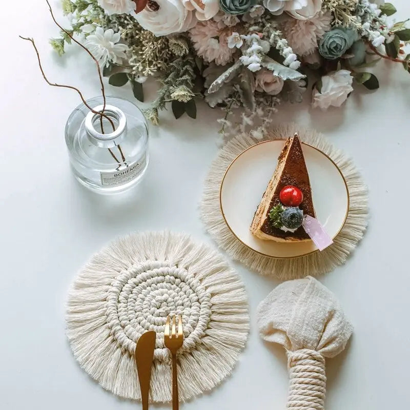 2Pcs Handmade Cotton Braid Macrame Coaster Boho Non Slip Cup Mat Table Decor