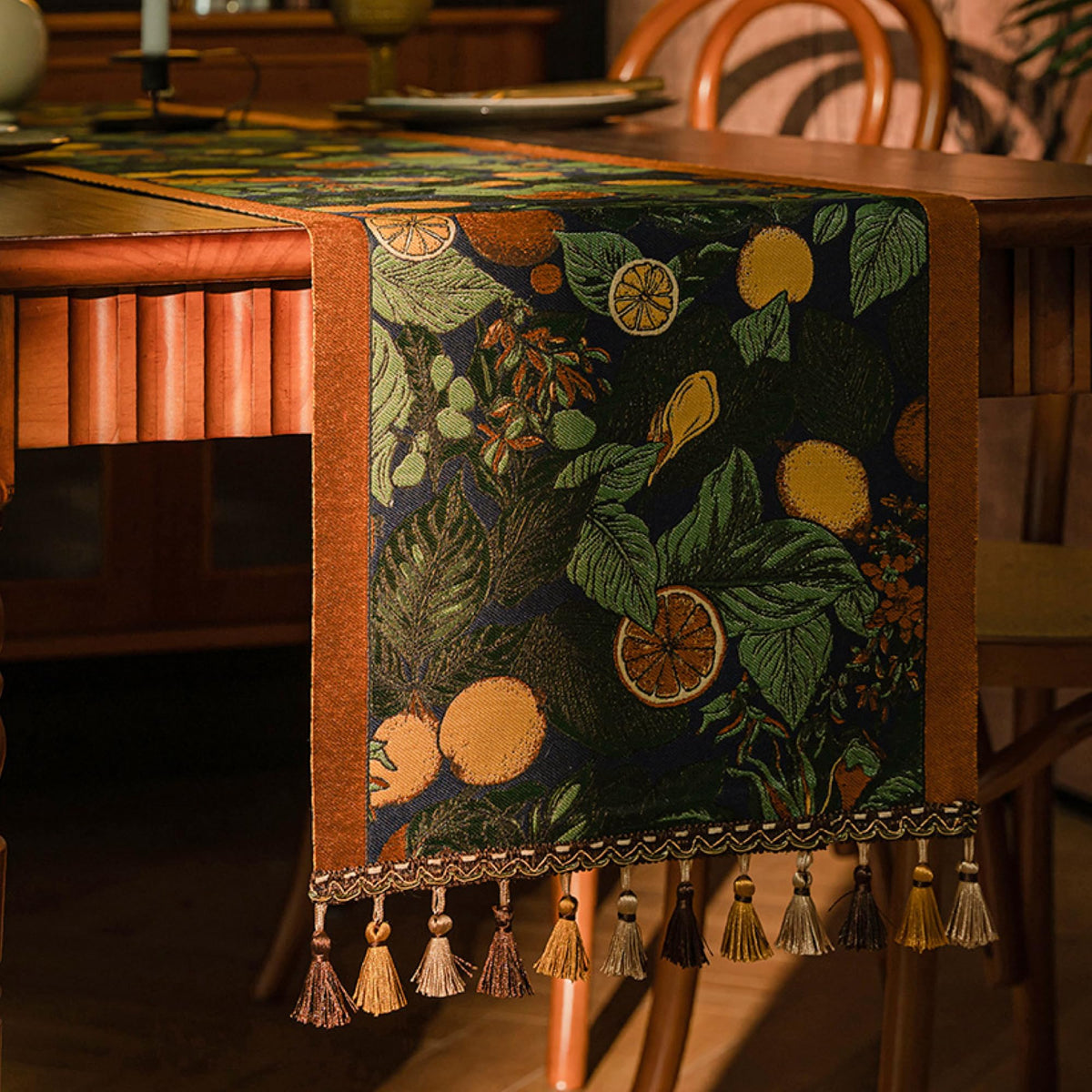 Jacquard Plant Table Runner with Tassels for Dining Table Decor
