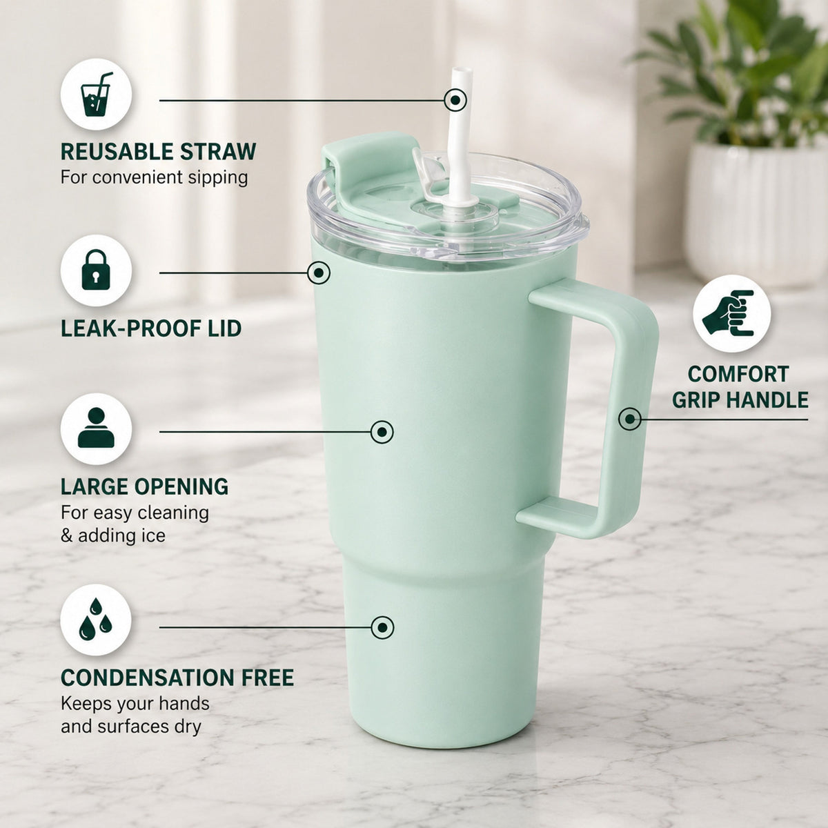 1000 ml Handle Straw Tumbler with Double Wall Stainless Steel Design for Travel Coffee Water and Outdoor Use