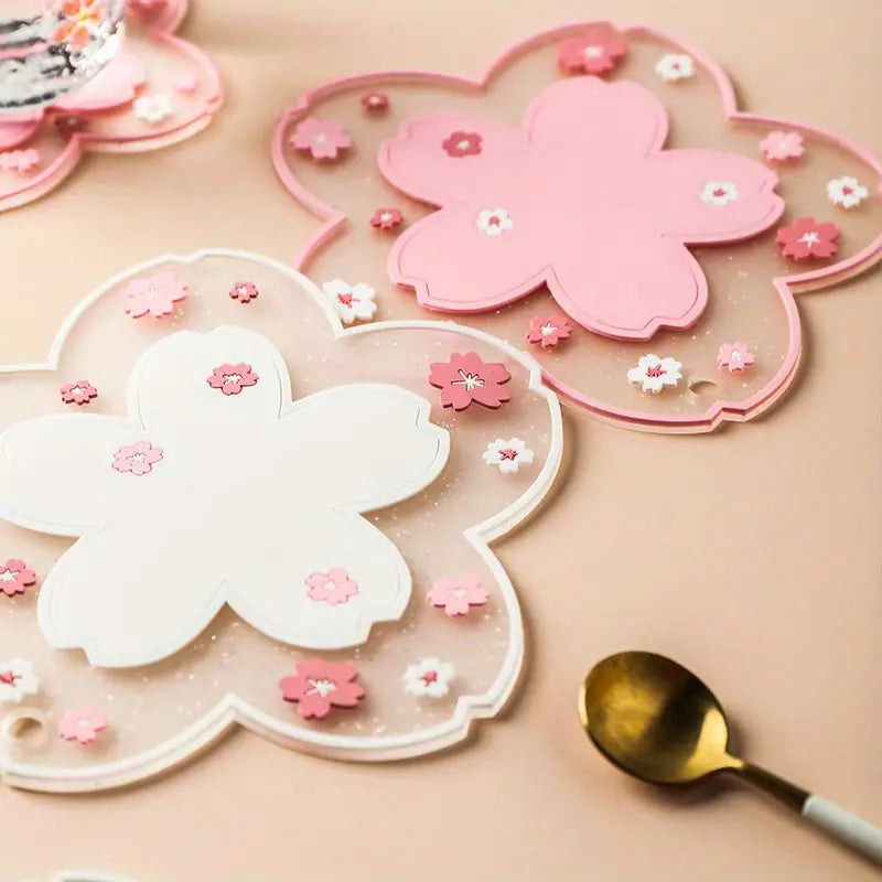 Cherry Blossom Silicone Coaster Mat Heat Insulation Non Slip Cup Pad for Dining Table Drink Protection