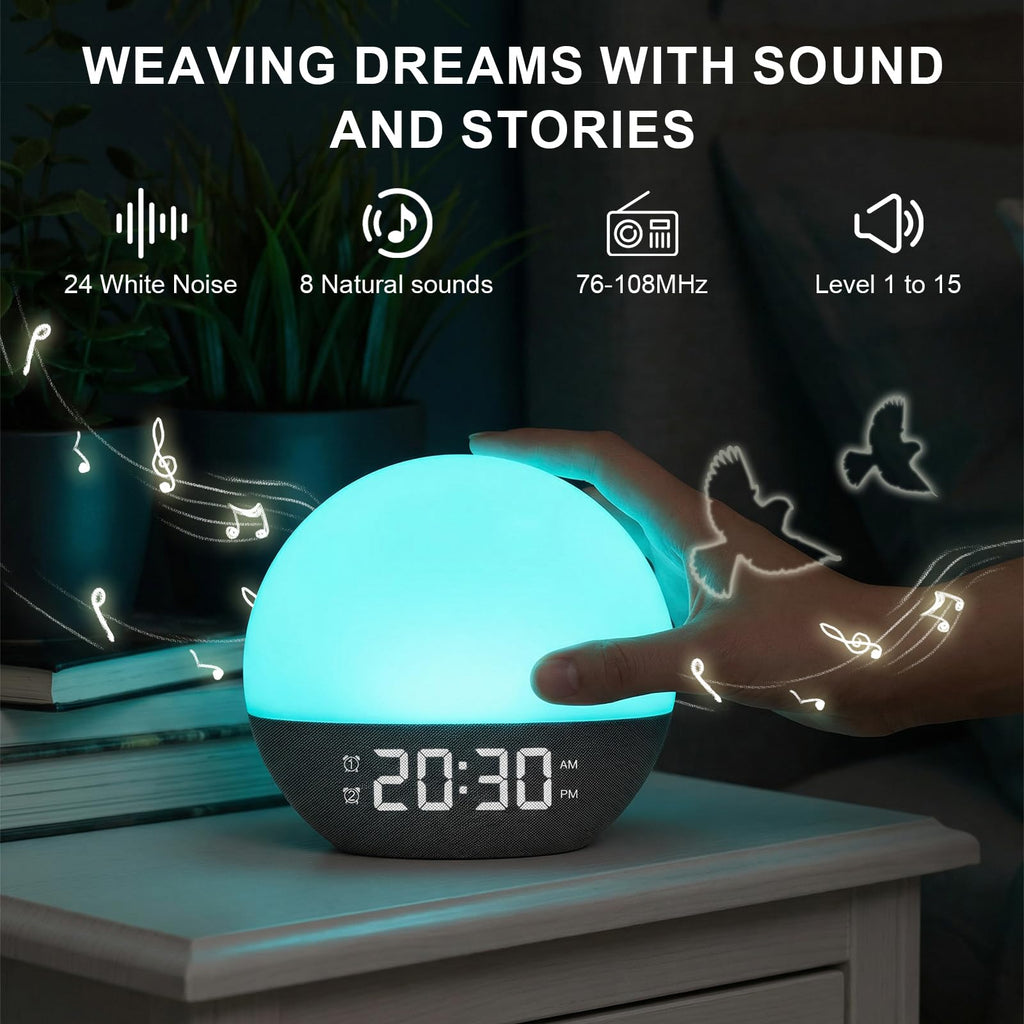 Sunrise Wake-Up Alarm Light with White Noise, Bluetooth Speaker, and Color-Changing Night Lamp for Bedroom